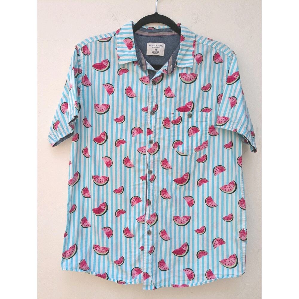 Distortion Men's Modern Print Shirt Button Front Watermelon Blue Size Medium